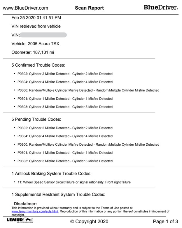 Honda CRV diagnostic report example from BlueDriver, showing vehicle fault codes history