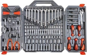 A comprehensive Crescent 180-piece professional tool set laid out, showcasing its extensive socket collection and various wrenches, ideal for car mechanics and available on Amazon.