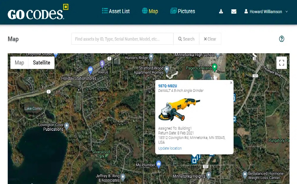 Screenshot of GoCodes GPS tracking map showing tool locations