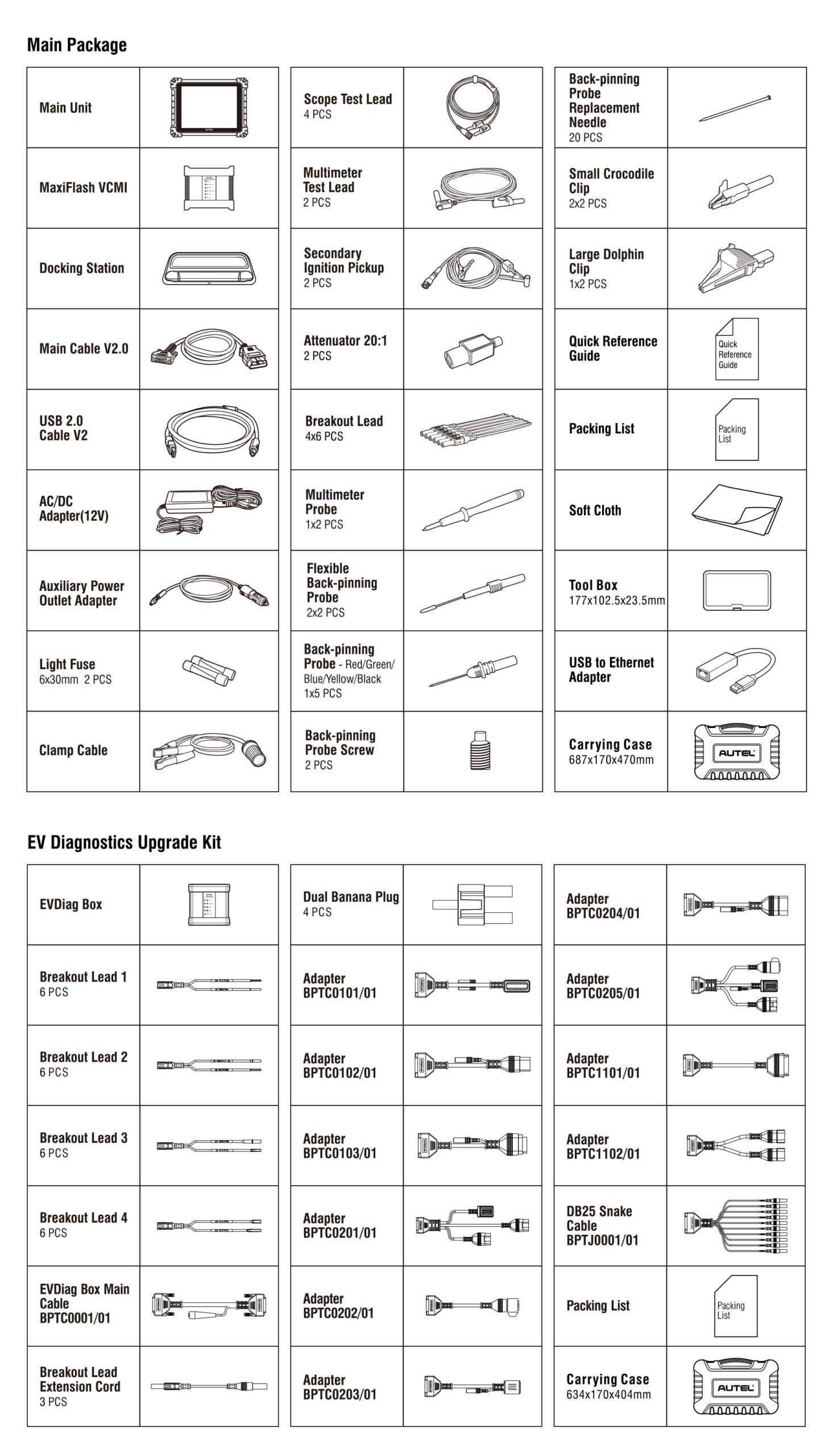 MaxiSys Ultra EV professional electric vehicle diagnostic tool package contents including cables, adapters, VCMI unit and EVDiag box.