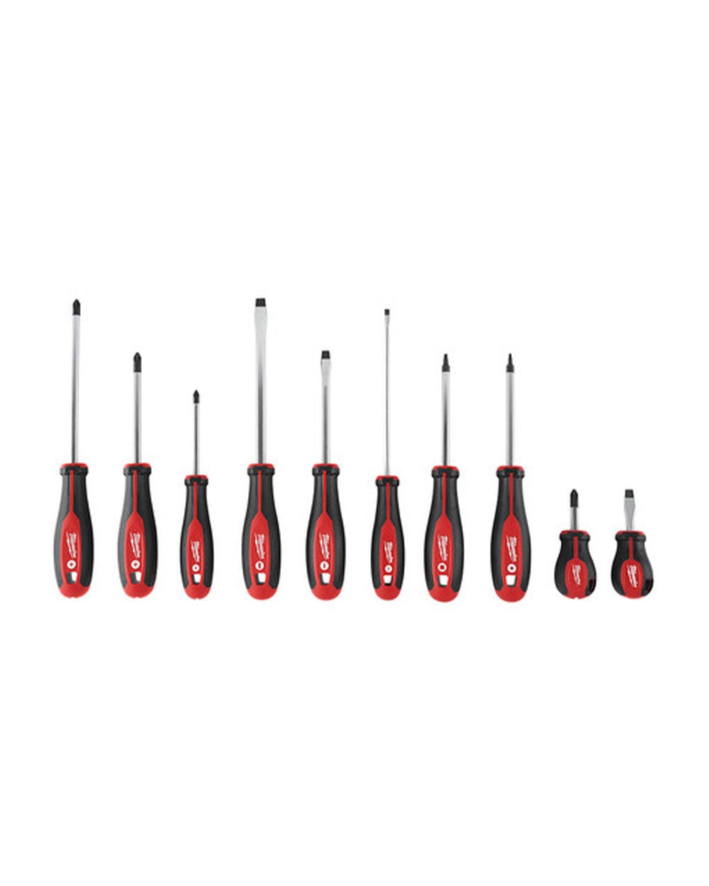 Milwaukee 10-Piece Screwdriver Set with clear size markings on the cap, showcasing Phillips and flat head types