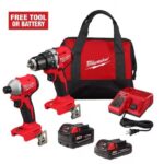 Milwaukee M18 Brushless Compact Hammer Drill and Impact Driver Combo Kit with Free Tool Choice