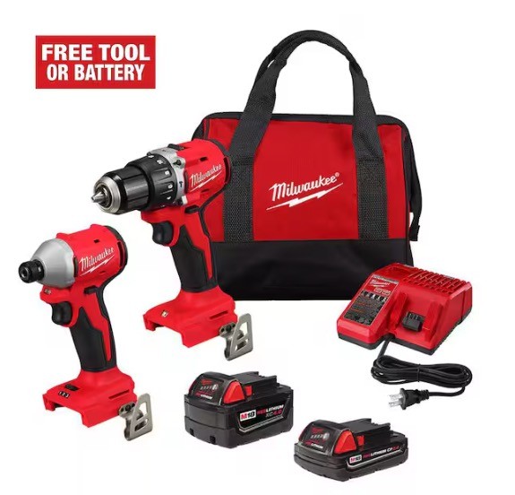 Milwaukee M18 Brushless Compact Hammer Drill and Impact Driver Combo Kit with Free Tool Choice