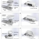 Model renderings of orthoplanar spring check valves. Valves integrate into layer-by-layer assembled laser cut or engraved devices as shown in exploded views (A or C) and in cross-section (B or D). Similarly, check valves integrate into machined or injection molded valve housings, depicted in an exploded view (E) and in cross-section (F). Renderings were prepared in trimetric perspective view with SolidWorks. Housing major dimension = 10 mm.