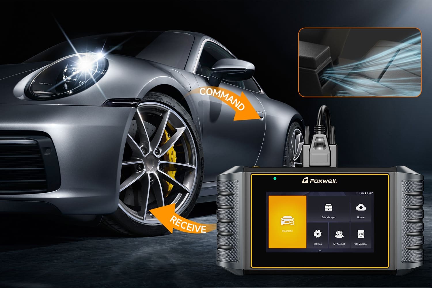 Foxwell NT710 Bidirectional Control Car Scanner connected to OBD-II port for advanced diagnostics