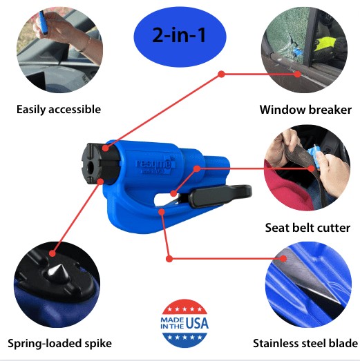 Resqme car escape tool attached to keys, showcasing its portability and keychain attachment feature