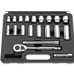 A comprehensive socket set with ratchet, various sockets, and extensions, essential for car DIY.