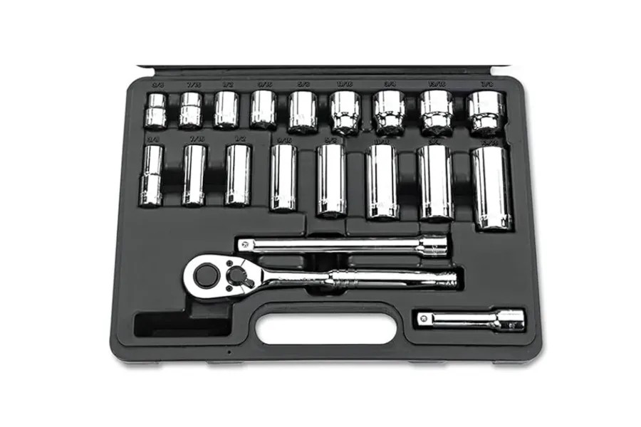 A comprehensive socket set with ratchet, various sockets, and extensions, essential for car DIY.